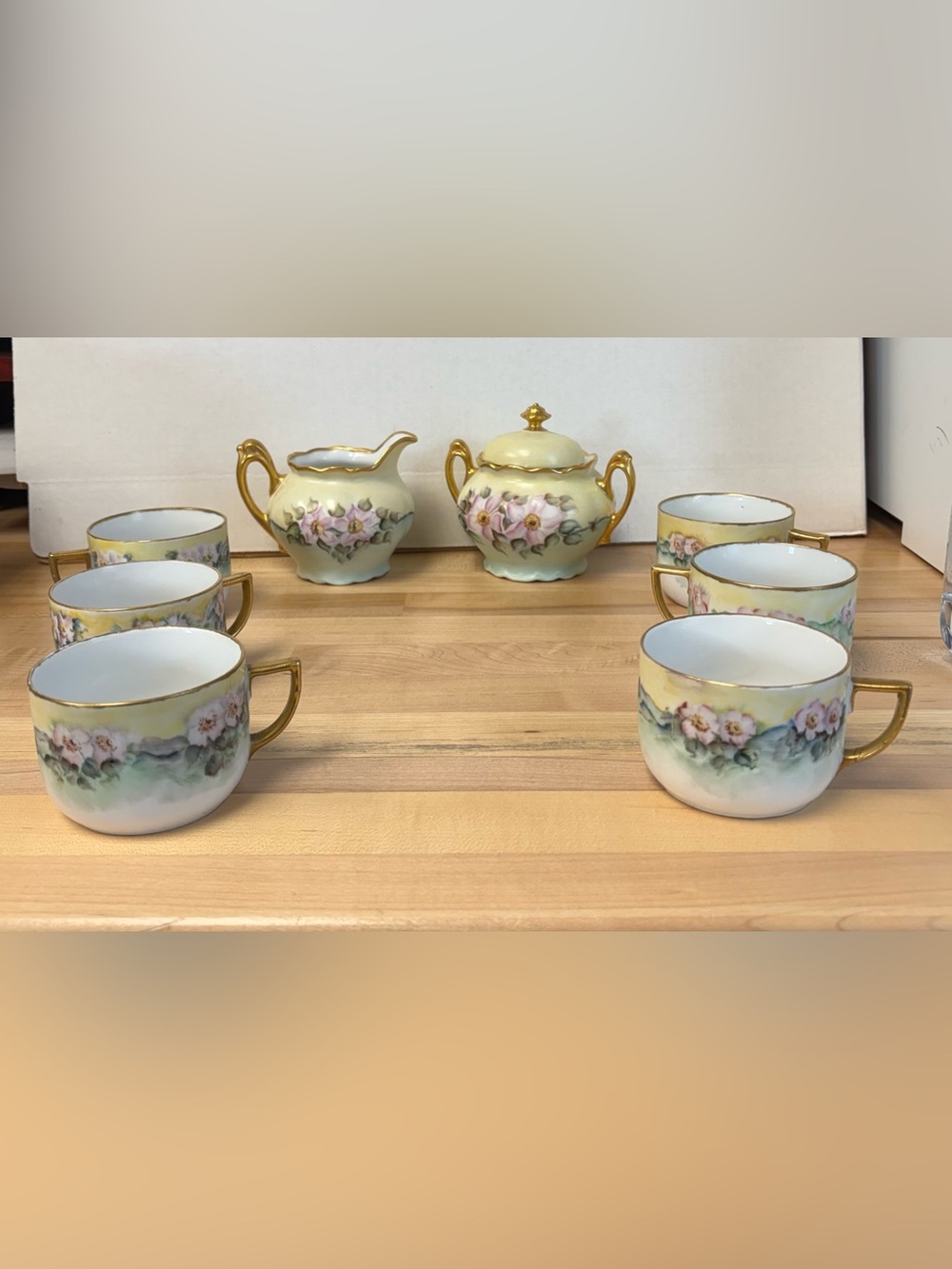 Antique Cream And Suar Set With 6 Cups  Germany Made Green With Pink Flowers